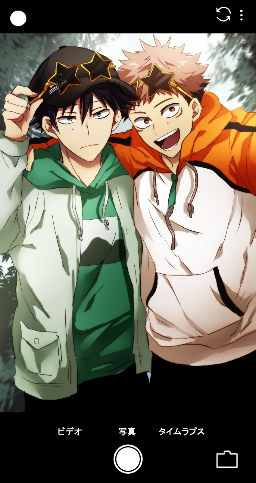 2boys :d arm_around_shoulder bangs black_eyes black_hair black_headwear black_pants brown_hair cellphone_picture closed_mouth cowboy_shot eyewear_on_head facial_mark fushiguro_megumi green_eyes green_hoodie hair_between_eyes hat highres hood hood_down hoodie itadori_yuuji jacket jujutsu_kaisen long_sleeves looking_at_viewer male_focus multicolored_clothes multicolored_jacket multiple_boys neo_(neotamin_24) open_mouth orange_jacket pants smile standing sunglasses two-tone_jacket undercut white_jacket