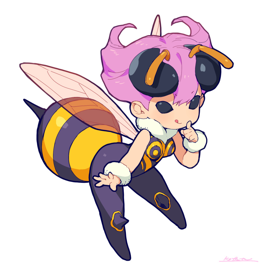 1girl :q arthropod_girl bee_girl bee_wings black_eyes black_sclera bodysuit chibi colored_sclera full_body hair_horns hand_up highres index_finger_raised kotatsu_(g-rough) looking_at_viewer pink_hair q-bee signature simple_background smile solo tongue tongue_out vampire_(game) white_background