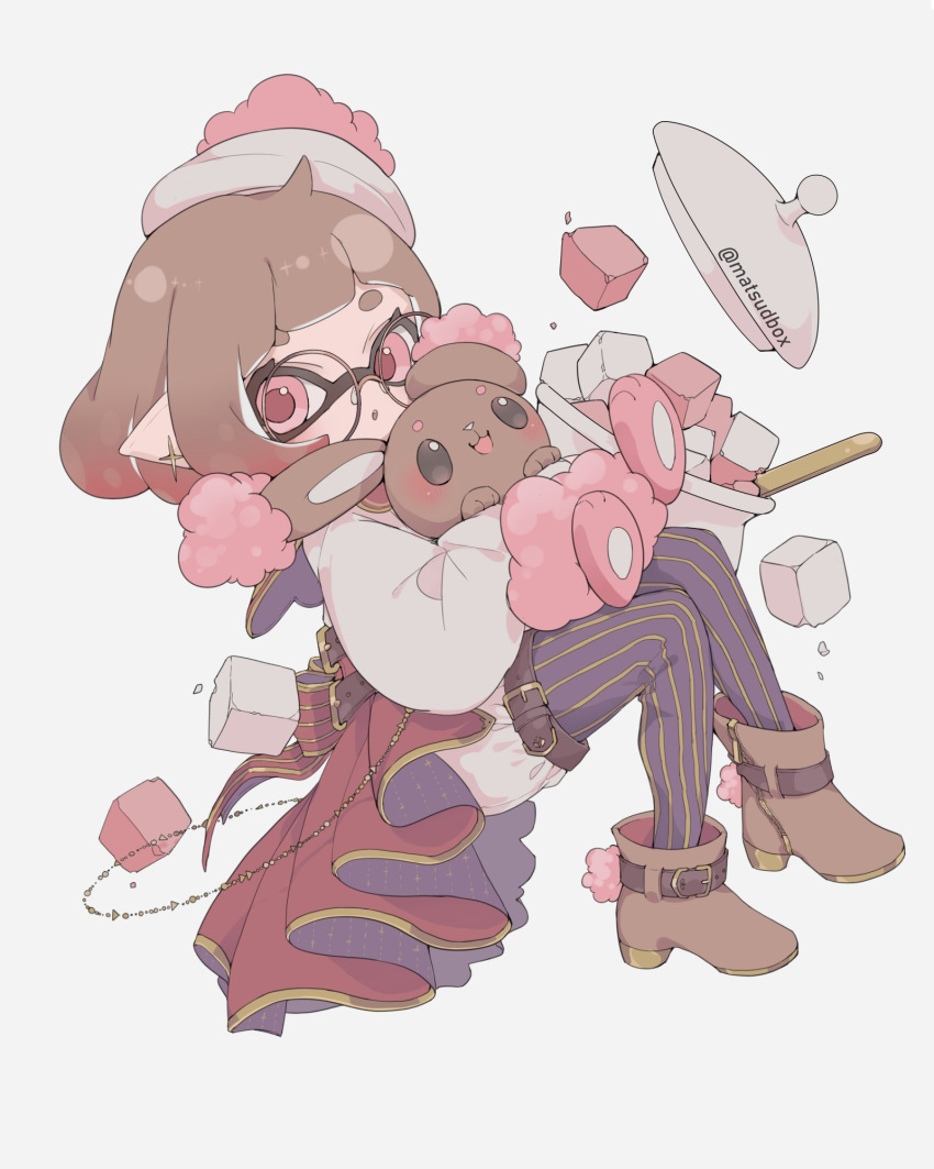 1girl bangs belt bow brown_footwear brown_hair buneary cape dress from_side full_body glasses highres inkling long_sleeves looking_at_viewer matsushita_(matsudbox) pink_eyes pointy_ears pokemon pot purple_dress purple_legwear red_bow red_dress shirt shoes short_hair simple_background sitting splatoon_(series) striped striped_legwear sugar_cube twitter_username white_background white_headwear white_shirt