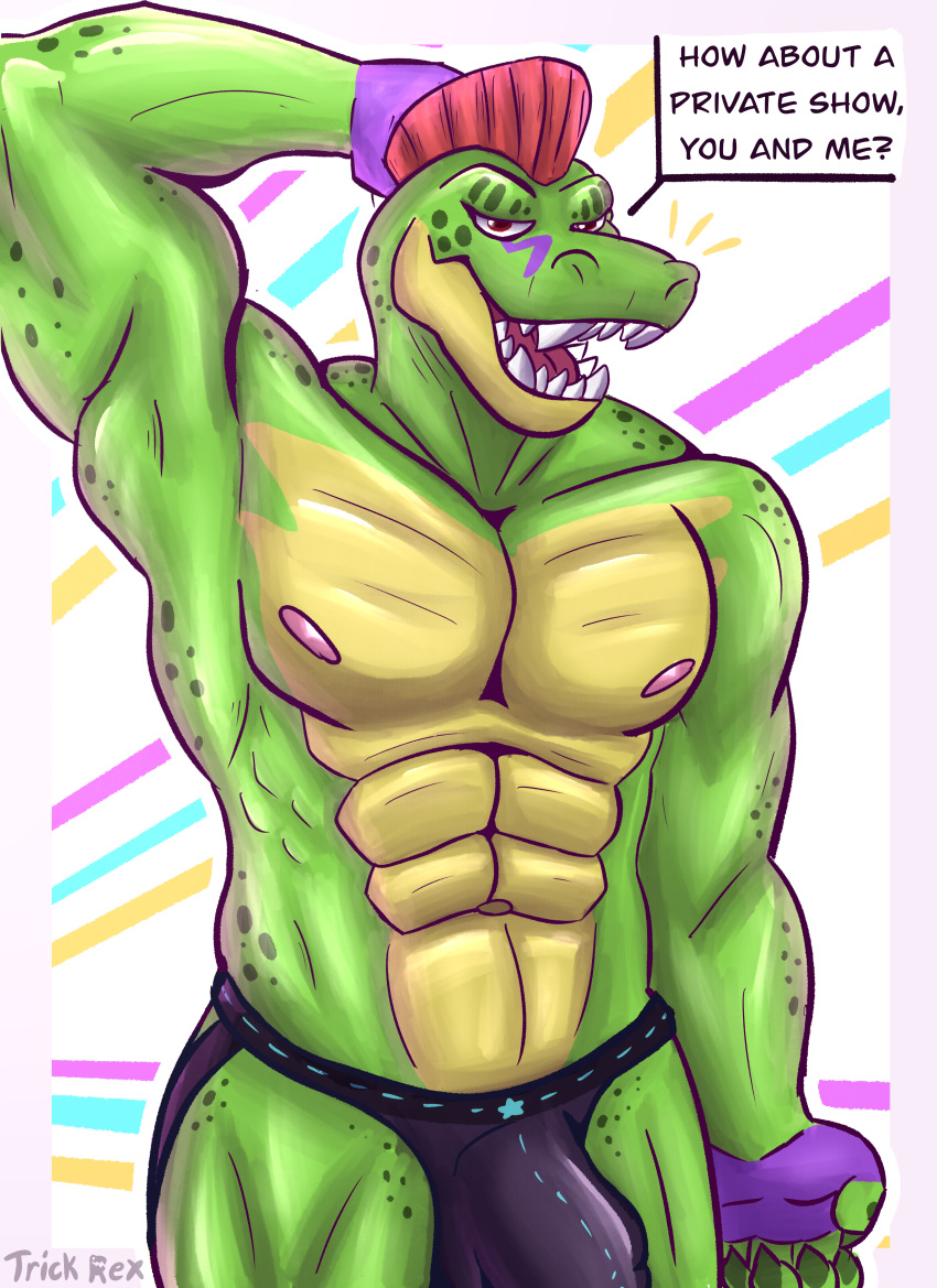 abs absurd_res alligator alligatorid anthro bulge clothing crocodilian dialogue facial_tattoo fingerless_gloves five_nights_at_freddy's five_nights_at_freddy's:_security_breach gloves green_body green_markings green_spots hair handwear hi_res humanoid jockstrap male markings mohawk montgomery_gator_(fnaf) muscular muscular_male nipples pecs pink_nipples pinup pose purple_markings raised_arm red_eyes red_hair reptile scalie scottgames seductive shaded sharp_teeth simple_background snout solo spots tattoo teeth text trick_rex_(artist) underwear video_games