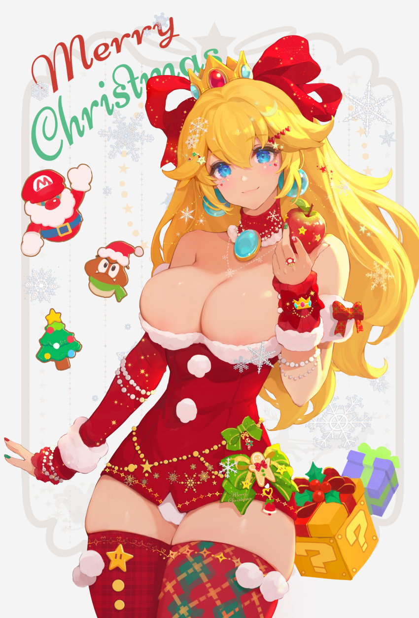 1girl breasts christmas christmas_ornaments cleavage highres large_breasts looking_at_viewer mario mario_(series) mushroommirror panties panty_peek princess_peach red_legwear santa_costume super_mario_bros. thick_thighs thighhighs thighs underwear white_panties