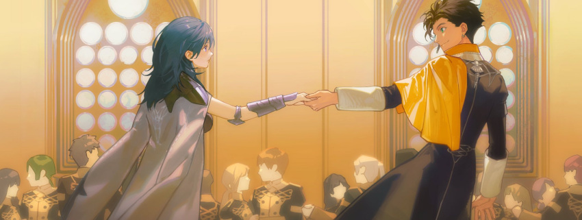 1boy 1girl black_hair black_jacket blue_eyes blue_hair bracer byleth_(fire_emblem) byleth_(fire_emblem)_(female) cape capelet claude_von_riegan closed_mouth cowboy_shot earrings fire_emblem fire_emblem:_three_houses garreg_mach_monastery_uniform green_eyes grey_cape highres holding_hands jacket jewelry kkia long_hair long_sleeves looking_at_another profile short_hair single_earring smile standing yellow_capelet