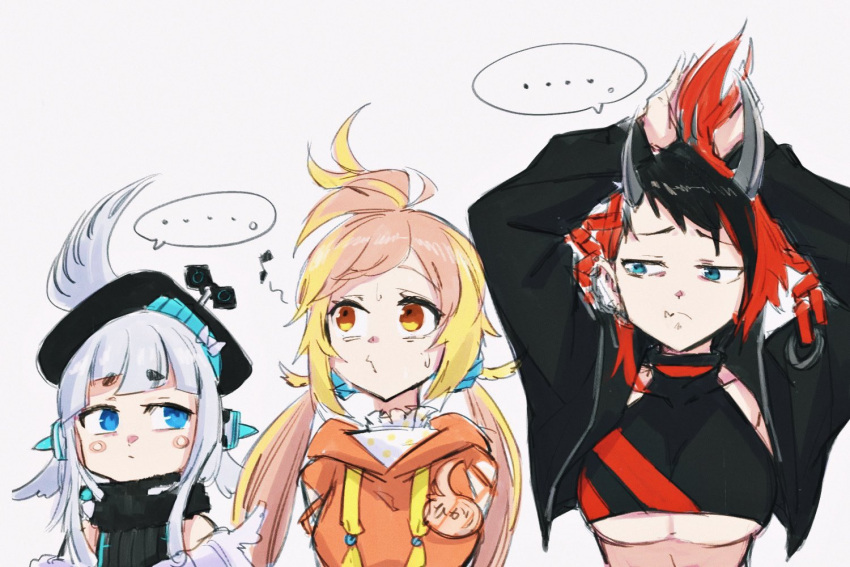 ... 3girls and_uge animare arms_up bangs black_hair black_jacket black_sports_bra blonde_hair blue_eyes blunt_bangs breasts chain closed_mouth commentary_request cropped_jacket demon_girl demon_horns eyebrows_visible_through_hair gin_(tttetu123) head_wings hira_hikari hood hoodie horns jacket large_breasts long_hair looking_at_another looking_to_the_side multicolored_hair multiple_girls open_clothes open_jacket orange_hair orange_hoodie pointy_ears red_hair red_sports_bra ryugasaki_rene short_hair simple_background single_head_wing spoken_ellipsis sports_bra sugar_lyric thick_eyebrows twintails two-tone_hair underboob upper_body v_ap_art virtual_youtuber white_background white_hair