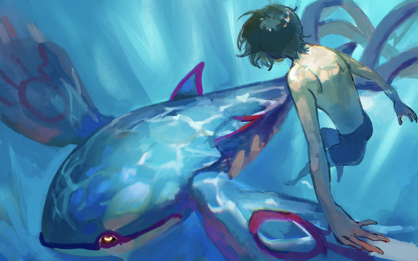 1boy absurdres bike_shorts black_sclera colored_sclera commentary_request freediving from_above glowing glowing_eyes green_hair highres kyogre looking_down male_focus ocean pecohophop pokemon pokemon_(creature) short_hair shoulder_blades topless_male underwater yellow_eyes