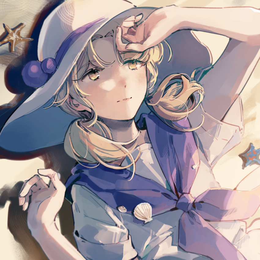 1girl blonde_hair closed_mouth commentary_request hat highres louise_(touhou) low_twintails lying neckerchief purple_neckerchief purple_sailor_collar sailor_collar sand seashell shell shirt short_sleeves starfish sun_hat touhou touhou_(pc-98) twintails white_headwear white_shirt yellow_eyes yorktown_cv-5
