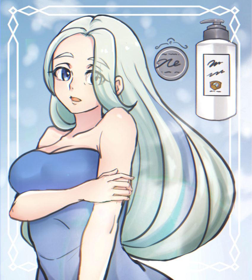 1girl alternate_costume bare_arms blue_dress blue_eyes bottle breasts cleavage collarbone commentary_request dress echizen_(n_fns17) framed green_hair hair_over_one_eye highres long_hair looking_at_viewer mature_female melony_(pokemon) multicolored_hair open_mouth pokemon pokemon_(game) pokemon_swsh sleeveless solo streaked_hair