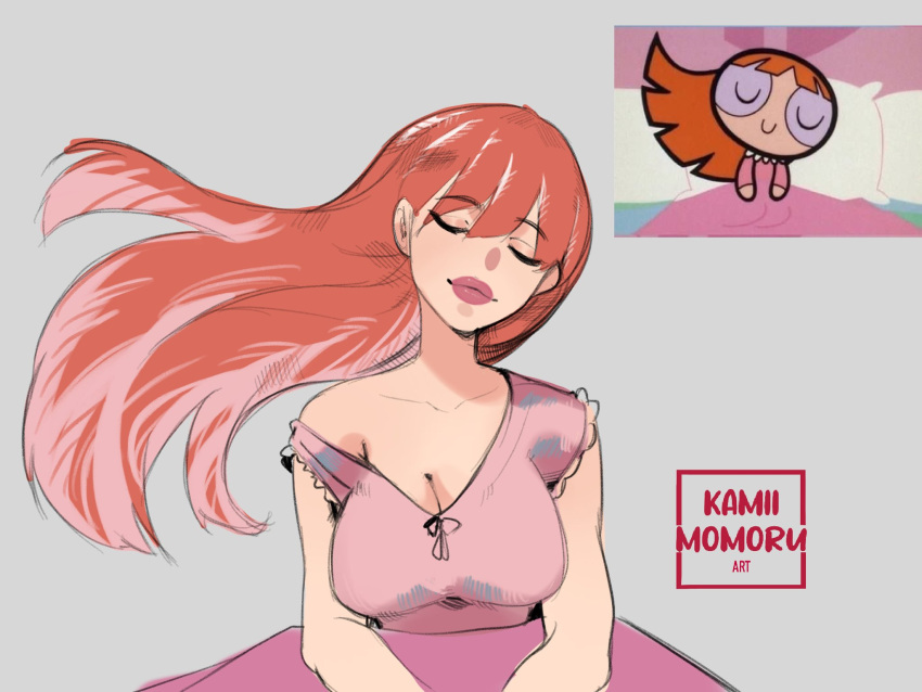1girl artist_name bangs blossom_(ppg) breasts brown_hair buttercup_redraw_challenge cleavage derivative_work eyebrows_visible_through_hair grey_background highres kamira_naito large_breasts long_hair pajamas pink_pajamas powerpuff_girls reference_inset screencap_redraw simple_background single_bare_shoulder solo strap_slip upper_body