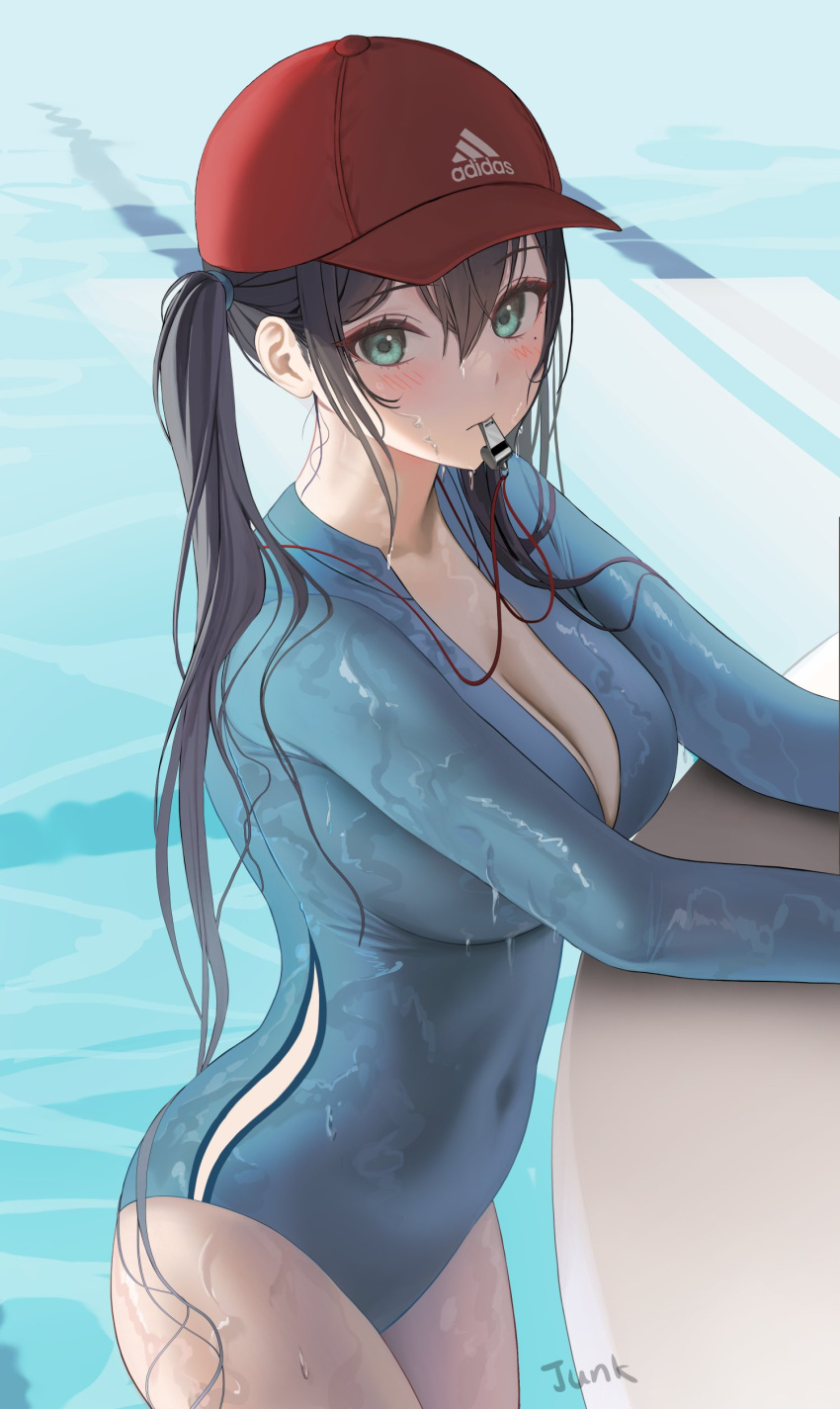 1girl absurdres adidas baseball_cap black_hair blush bodysuit breasts cleavage covered_navel green_eyes hat highres large_breasts long_hair looking_at_viewer mouth_hold original solo swimsuit tokkihouse twintails water wet wet_clothes wet_hair wet_swimsuit wetsuit whistle whistle_around_neck