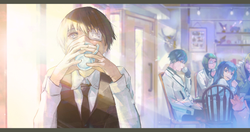 2girls 3boys animal bangs black_hair black_necktie black_vest blonde_hair blue_hair brown_hair brown_jacket chair collared_shirt commentary_request cup dog door drinking green_hair grey_jacket grey_shirt hands_up highres holding holding_cup indoors jacket kaneki_ken kyuuba_melo letterboxed long_hair long_sleeves looking_back looking_to_the_side multiple_boys multiple_girls mutsuki_tooru necktie shirazu_ginshi shirt sitting smile table tokyo_ghoul tokyo_ghoul:re urie_kuki vest white_eyepatch white_shirt yonebayashi_saiko