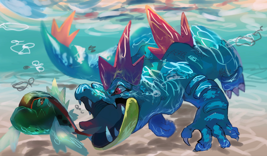 absurdres air_bubble basculin basculin_(red) bubble claws commentary_request feraligatr fish highres no_humans open_mouth pecohophop pokemon pokemon_(creature) red_eyes sharp_teeth teeth tongue underwater