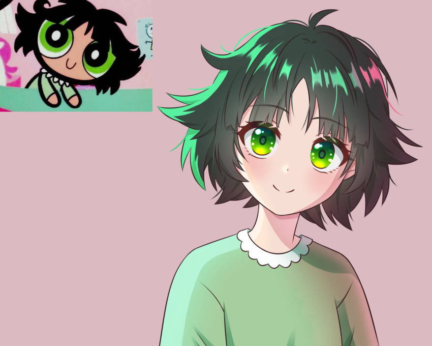 1girl black_hair blush buttercup_(ppg) buttercup_redraw_challenge eyebrows_visible_through_hair green_eyes green_pajamas highres looking_at_viewer messy_hair nnst_art pink_background powerpuff_girls reference_inset shadow short_hair simple_background smile solo