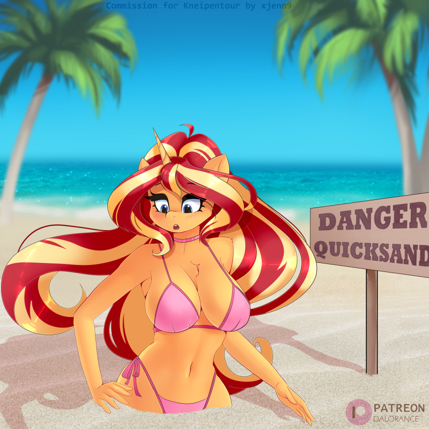 absurd_res anthro anthrofied beach big_breasts bikini breasts clothing equestria_girls equid equine female hasbro hi_res horn mammal my_little_pony quicksand seaside side-tie_bikini solo sunset_shimmer_(eg) swimwear unicorn xjenn9