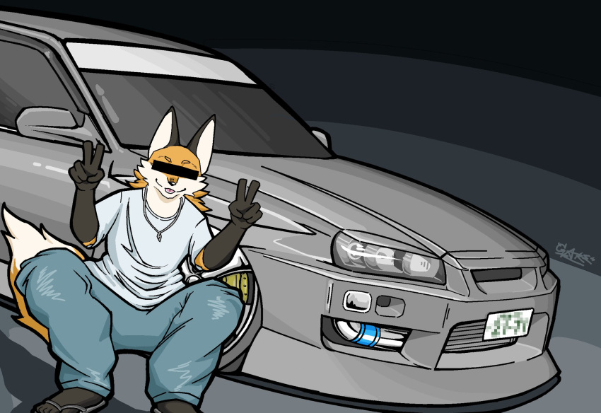 anthro canid canine car clothing fox furry_jdm hi_res male mammal nissan nissan_skyline shirt simple_background skyline solo topwear vehicle white_clothing white_shirt white_topwear