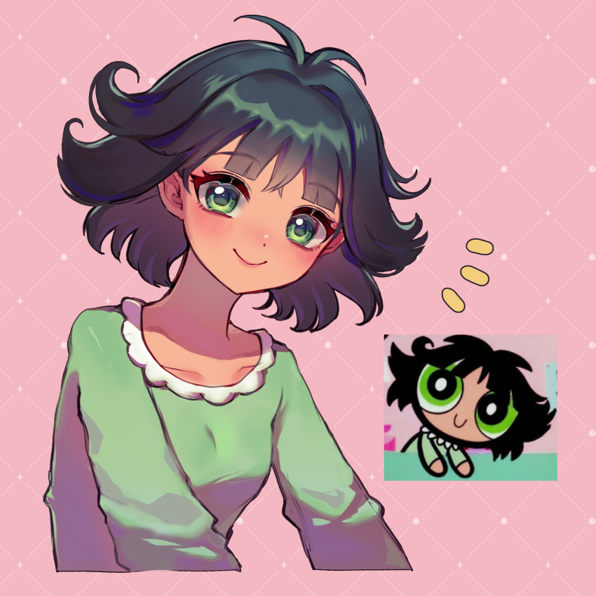 1girl absurdres bangs black_hair blush buttercup_(ppg) buttercup_redraw_challenge cropped_torso derivative_work eyebrows_visible_through_hair green_eyes green_pajamas highres looking_at_viewer messy_hair pink_background powerpuff_girls qiu_ju reference_inset screencap_redraw smile solo