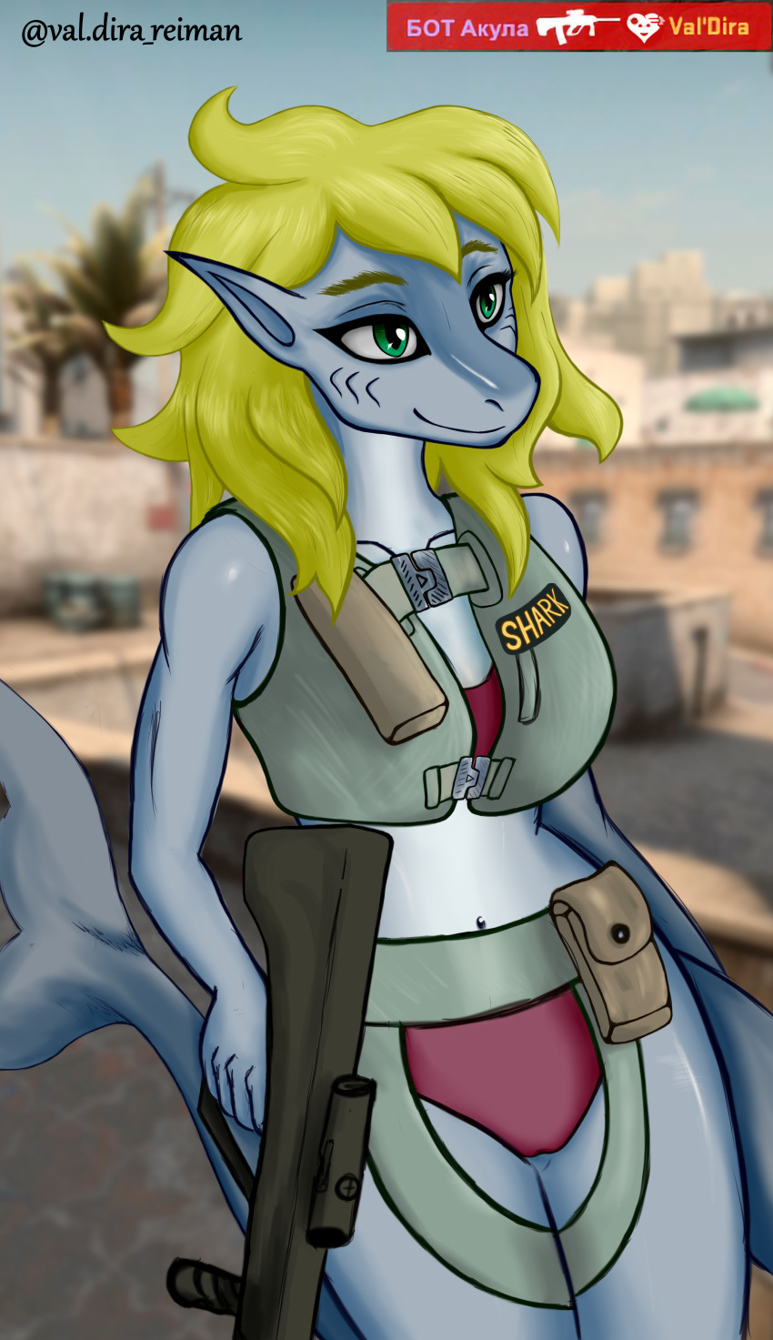 absurd_res anthro blonde_hair blue_body blue_skin counter-strike counter_strike:_global_offensive female fish green_eyes hair hi_res marine shark shark_tail solo tagme val'dira weapon