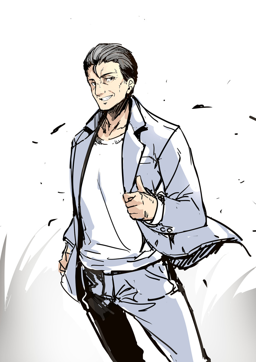 1boy ajishio black_hair collarbone copyright_request formal grey_jacket grey_pants grin highres jacket long_sleeves looking_at_viewer male_focus open_clothes open_jacket pants shirt smile solo standing suit thumbs_up white_background white_shirt