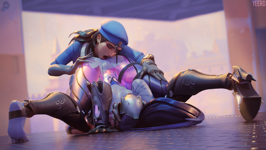 2girls 3d ana_(overwatch) anilingus arm_tattoo artist_name beret black_gloves black_hair blue_headwear blue_jacket blurry blurry_background bodysuit brown_eyes colored_skin commentary dark-skinned_female dark_skin depth_of_field english_commentary feet gloves hand_on_another's_ass hand_on_another's_leg hat head-mounted_display high_heels highres jacket legs long_hair lying multiple_girls no_panties on_back open_mouth ponytail purple_bodysuit purple_hair purple_skin pussy shoes single_shoe soles solo_focus spread_legs stirrup_legwear tattoo toeless_legwear top-down_bottom-up torn_bodysuit torn_clothes uncensored widowmaker_(overwatch) yeero yuri