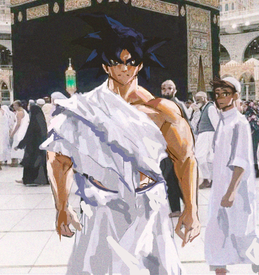 1boy bangs beard black_hair brown_eyes brown_hair commentary cowboy_shot crowd dragon_ball english_commentary facial_hair highres kaaba looking_at_another looking_at_viewer male_focus muscular muscular_male muslim off_shoulder parted_bangs photo-referenced robe serious skull_cap son_goku spiked_hair standing venommoe white_headwear white_robe white_sleeves