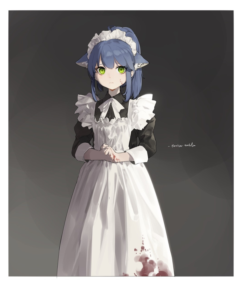 1girl alternate_costume animal_ear_fluff animal_ears apron arknights black_dress blood blood_on_face blue_hair border bow bowtie cat_ears closed_mouth cowboy_shot dress enmaided expressionless gradient gradient_background green_eyes grey_background highres jessica_(arknights) long_sleeves looking_at_viewer maid ponytail shinnasuka025 short_hair short_ponytail solo white_apron white_border white_bow white_bowtie