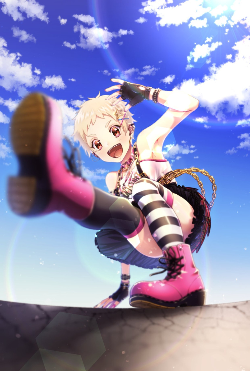 1girl :d asymmetrical_legwear black_legwear blue_sky blurry brown_eyes chain day fingerless_gloves full_body gloves hair_ornament hairclip hand_up highres idolmaster idolmaster_cinderella_girls idolmaster_cinderella_girls_starlight_stage kicking lens_flare looking_at_viewer mismatched_legwear outdoors pink_footwear senzaki_ema short_hair skirt sky smile solo star_(symbol) star_hair_ornament striped striped_legwear studded_bracelet taidanotori thighhighs wristband