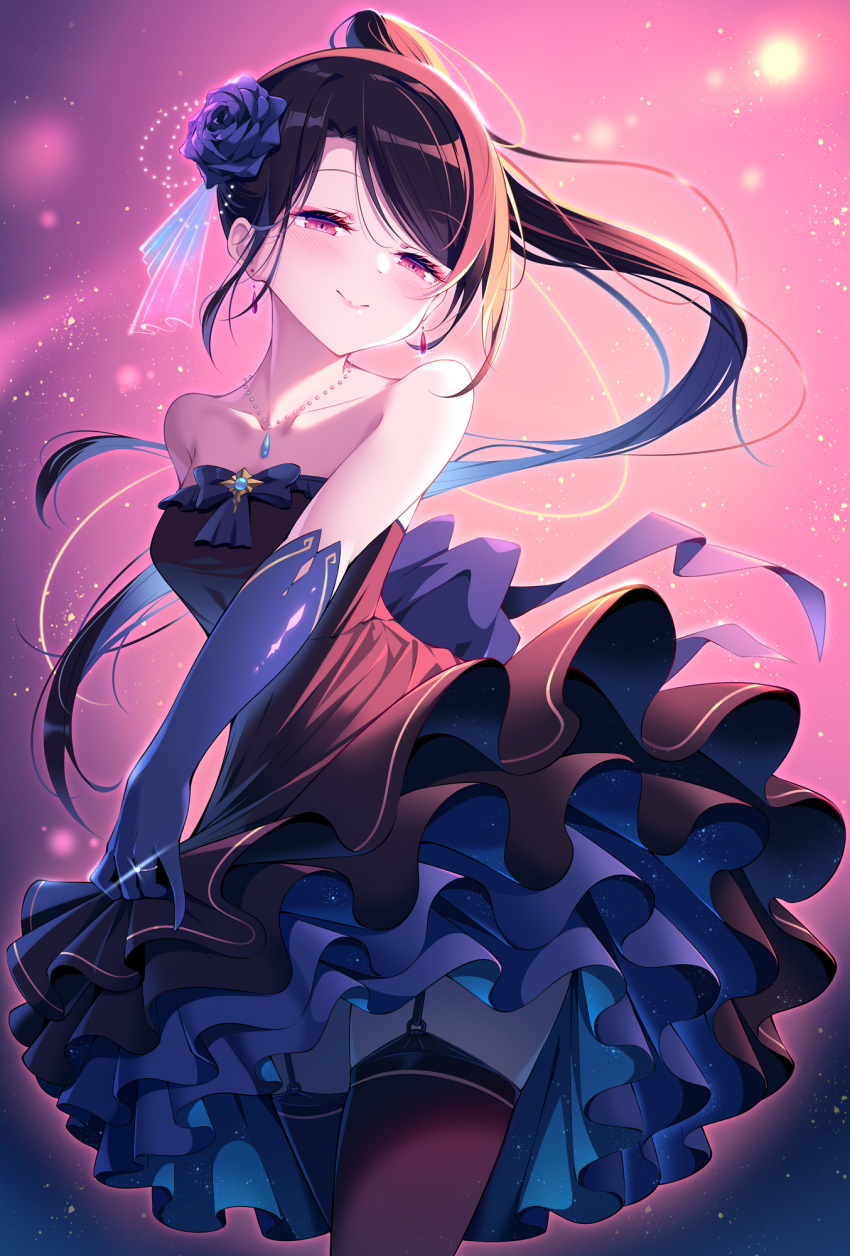 1girl backlighting bangs bare_shoulders black_dress black_hair blush bow breasts closed_mouth clothes_lift collarbone cowboy_shot dress dress_lift earrings elbow_gloves eyebrows_visible_through_hair flower frilled_dress frills garter_belt gloves hair_flower hair_ornament highres jewelry kagami_(galgamesion) lifted_by_self long_hair looking_at_viewer medium_breasts necklace original parted_bangs parted_lips pleated_dress ponytail purple_flower purple_gloves purple_ribbon red_eyes ribbon ring skindentation smile solo standing strapless strapless_dress thighhighs very_long_hair