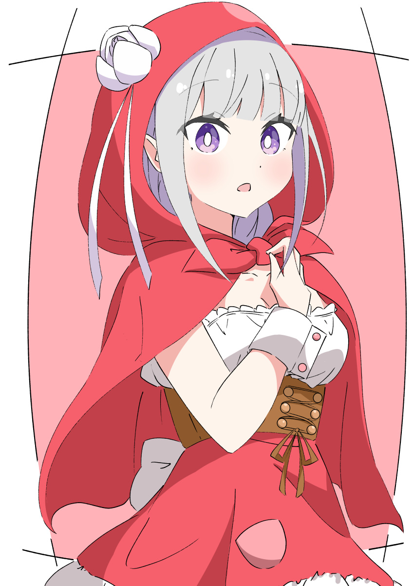 1girl :o absurdres bangs blunt_bangs blush breasts cleavage cloak commentary_request cosplay cowboy_shot emilia_(re:zero) eyebrows_visible_through_hair flower hand_up highres hood hood_up hooded_cloak little_red_riding_hood little_red_riding_hood_(grimm) little_red_riding_hood_(grimm)_(cosplay) long_hair looking_at_viewer medium_breasts open_mouth pointy_ears purple_eyes re:zero_kara_hajimeru_isekai_seikatsu red_cloak sidelocks silver_hair simple_background solo wa_ki_ya_ku white_flower