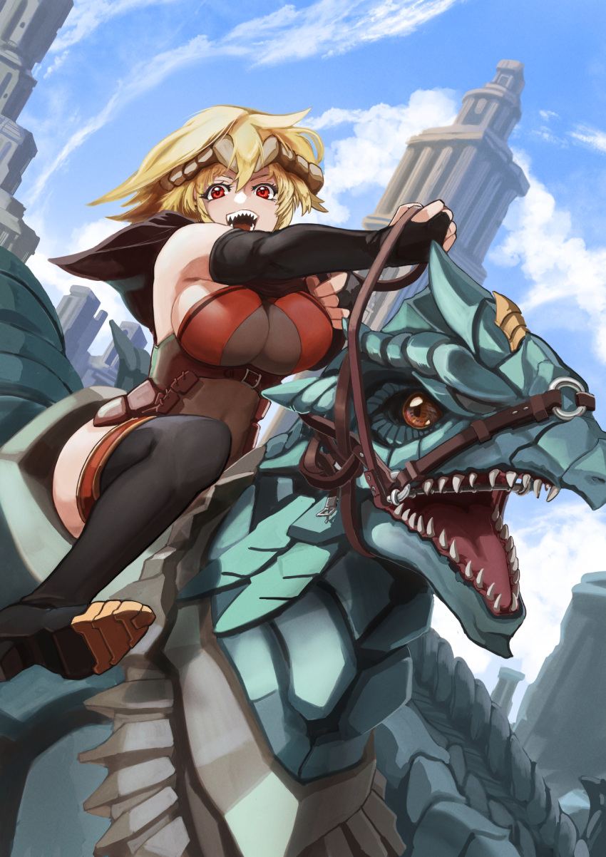 1girl belt black_capelet black_footwear black_legwear blonde_hair breasts brown_eyes capelet day dragon elbow_gloves fujioka_yatsufusa gloves highres horns krushu_cornou large_breasts looking_at_viewer medium_hair open_mouth outdoors pixiv_fantasia pixiv_fantasia_last_saga red_eyes reins saddle sharp_teeth solo teeth thighhighs