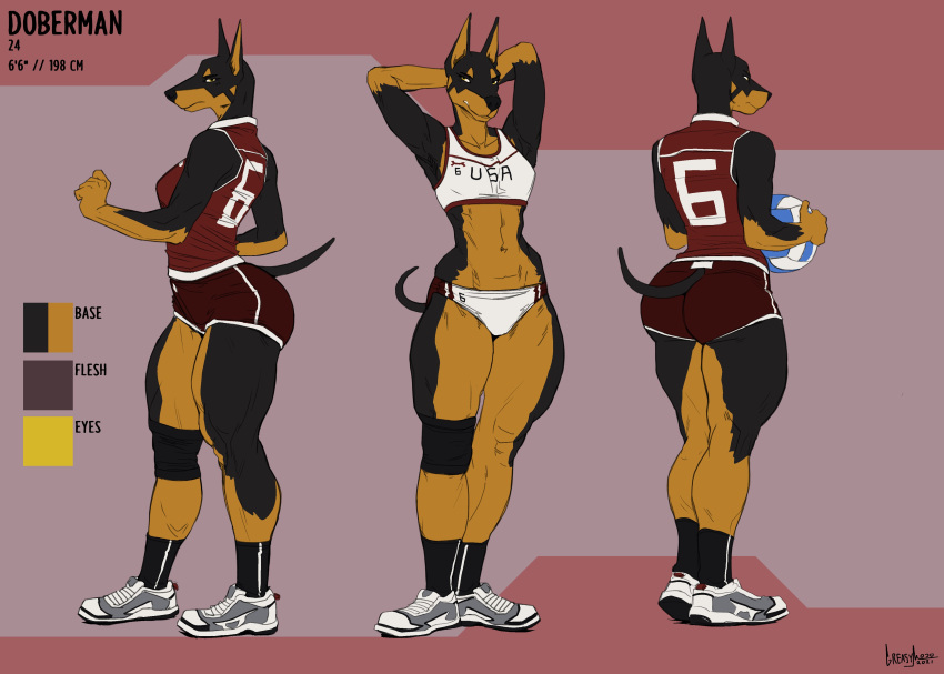 2021 5_fingers absurd_res anthro athletic athletic_anthro athletic_female ball big_butt black_body black_fur black_nose bottomwear bra breasts brown_body brown_fur butt canid canine canis clothed clothing color_swatch curvy_figure dobermann domestic_dog english_text female fingers footwear front_view fur greasymojo gym_bottomwear gym_clothing gym_shorts hands_behind_head hi_res holding_volleyball huge_thighs humanoid_hands jersey knee_wraps mammal midriff model_sheet multicolored_body multicolored_fur navel panties pinscher plantigrade rear_view shoes shorts side_view signature sneakers socks solo sports_bra sports_panties standing tall text text_on_clothing thick_thighs topwear two_tone_body two_tone_fur underwear volleyball_(ball) wide_hips yellow_eyes