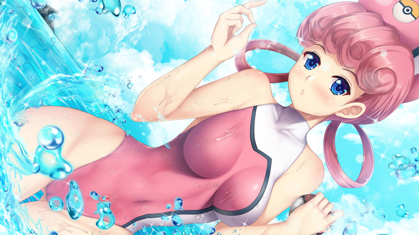 1girl adapted_costume ass_visible_through_thighs bare_arms blue_eyes blush breasts cameltoe cleft_of_venus cloud commentary covered_navel day dutch_angle euforia hands_up hat holding holding_poke_ball joy_(pokemon) long_hair one-piece_swimsuit outdoors parted_lips pink_hair pink_headwear pink_swimsuit poke_ball poke_ball_(basic) pokemon sky solo sparkle swimsuit wading water water_drop