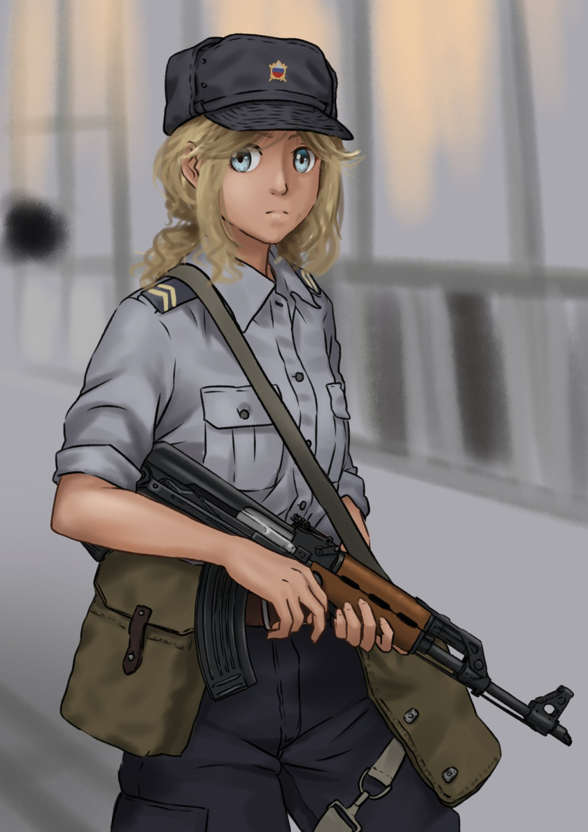 1girl assault_rifle bag belt belt_buckle blonde_hair blue_eyes blue_headwear blue_pants blue_shirt blurry blurry_background brown_belt buckle cowboy_shot english_commentary gun hat highres holding holding_gun holding_weapon looking_to_the_side mardjan original pants ponytail pouch rifle shirt short_hair sidelocks sleeves_rolled_up sling slovenia slovenian_flag solo submachine_gun uniform wavy_hair weapon window wing_collar yugoslavia zastava_m70