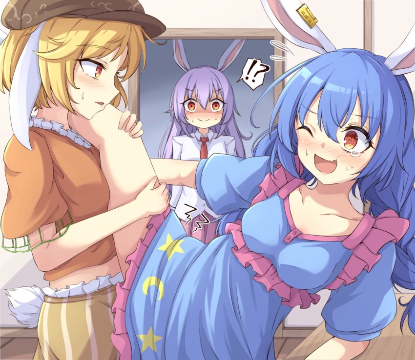 !? 3girls ;d @_@ animal_ears arm_support bangs blue_dress blue_hair blush braid breasts brown_headwear buttons cabbie_hat closed_mouth collarbone collared_shirt commentary_request dress dry_humping ear_tag fang floppy_ears frills hat highres humping light_purple_hair long_hair medium_breasts midriff multiple_girls necktie neko_mata one_eye_closed orange_shirt parted_bangs pink_skirt pleated_skirt puffy_short_sleeves puffy_sleeves rabbit_ears rabbit_tail red_eyes red_necktie red_neckwear reisen_udongein_inaba ringo_(touhou) seiran_(touhou) sex shaded_face shirt short_hair short_sleeves shorts skin_fang skirt smile standing striped striped_shorts sweatdrop tail tears touhou twin_braids walk-in white_shirt wing_collar wooden_floor wooden_table yellow_shorts