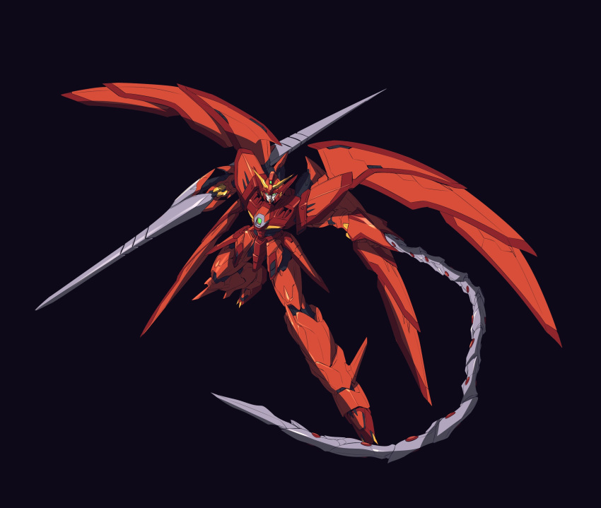 black_background double-blade green_eyes gundam gundam_epyon gundam_wing highres holding holding_polearm holding_weapon ishiyumi mecha mechanical_wings mobile_suit no_humans polearm redesign science_fiction solo v-fin weapon wings