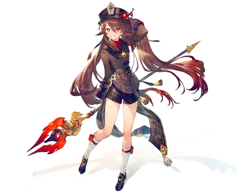 1girl arm_up benitama black_headwear black_shorts brown_hair chinese_clothes commentary flower full_body genshin_impact hand_in_hair hat hat_flower highres holding holding_weapon hu_tao_(genshin_impact) long_hair long_sleeves looking_at_viewer multicolored_hair polearm red_eyes red_hair shorts simple_background smile solo staff_of_homa_(genshin_impact) standing symbol-shaped_pupils tailcoat top_hat twintails two-tone_hair weapon white_background