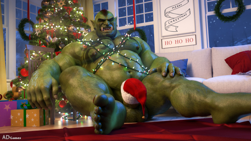 3d_(artwork) ad-games balls big_muscles chair chest_tattoo christmas christmas_clothing christmas_decorations christmas_headwear christmas_lights christmas_ornament christmas_tree clothing detailed_background digital_media_(artwork) feet furniture genitals gift hat headgear headwear hi_res holidays humanoid inside looking_at_viewer male mohawk muscular muscular_male nipples not_furry orc overweight overweight_male penis pillow plant santa_hat sitting sitting_on_floor sofa soles solo tattoo toes tree window wreath
