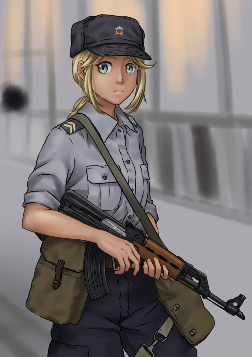 1girl assault_rifle bag belt belt_buckle blonde_hair blue_eyes blue_headwear blue_pants blue_shirt blurry blurry_background brown_belt buckle cowboy_shot english_commentary gun hat highres holding holding_gun holding_weapon looking_to_the_side mardjan original pants ponytail pouch rifle shirt short_hair sidelocks sleeves_rolled_up sling slovenia slovenian_flag solo submachine_gun uniform weapon window wing_collar yugoslavia zastava_m70