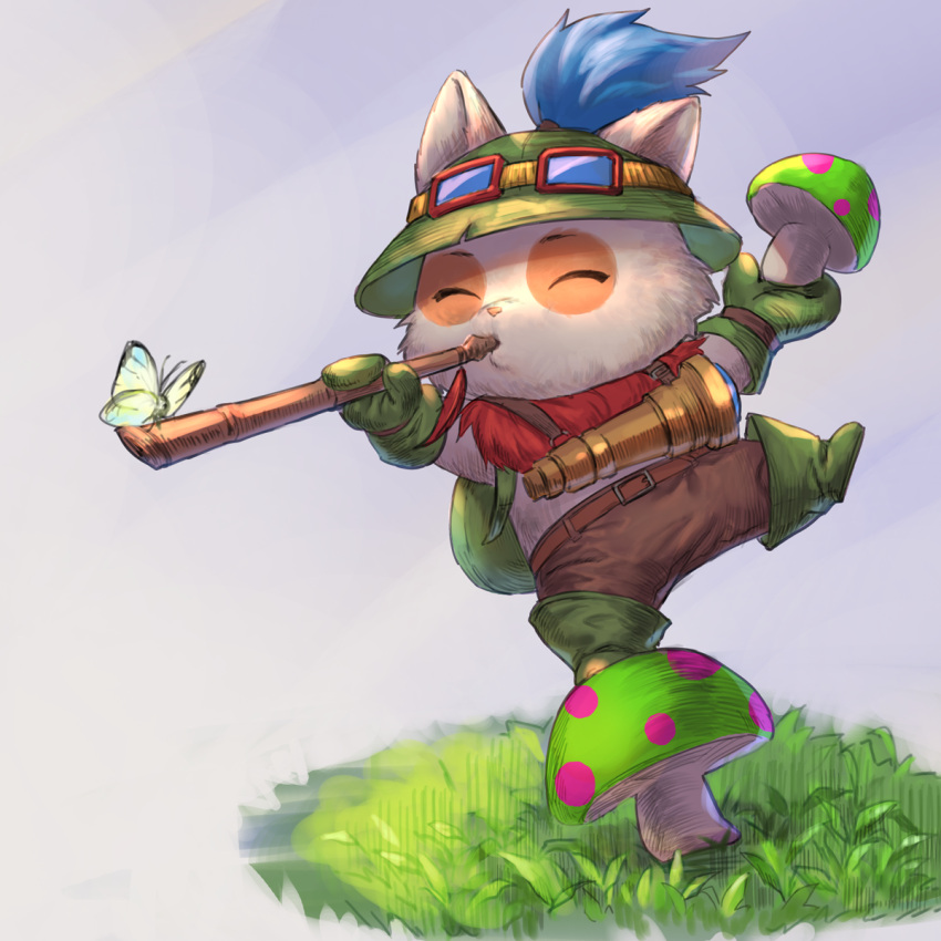 anthro blowgun boots bottomwear clothed clothing eyes_closed footwear fungus gloves grass handwear hat headgear headwear hi_res league_of_legends male mushroom pants plant riot_games simple_background solo teemo_(lol) topless topless_male video_games yordle