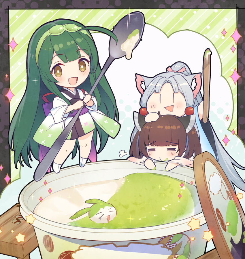 3girls =3 =_= ahoge animal_ears bangs beads blunt_bangs blush brown_eyes brown_hair chibi commentary_request eyebrows_visible_through_hair food fox_ears fox_girl green_hair green_hairband grey_hair haagen-dazs hair_beads hair_ornament hairband headgear highres holding holding_spoon ice_cream japanese_clothes long_hair looking_at_viewer multiple_girls open_mouth ponytail shirinda_fureiru simple_background sparkle spoon star_(symbol) stool tabi touhoku_itako touhoku_kiritan touhoku_zunko very_long_hair voiceroid wide_sleeves zundamon