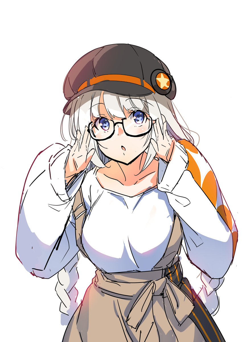 1girl a.i._voice absurdres ajishio bangs black-framed_eyewear black_headwear blue_eyes braid breasts brown_skirt cabbie_hat collarbone eyebrows_visible_through_hair glasses grey_hair hands_up hat highres kizuna_akari long_hair long_sleeves low_twintails medium_breasts parted_lips puffy_long_sleeves puffy_sleeves semi-rimless_eyewear shirt simple_background skirt sleeves_past_wrists solo star_(symbol) suspender_skirt suspenders twin_braids twintails under-rim_eyewear very_long_hair voiceroid white_background white_shirt