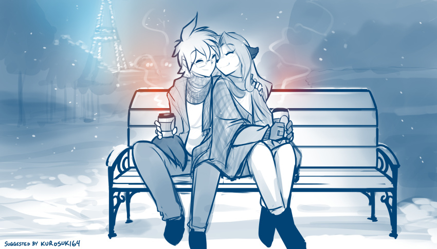 2021 7:4 anthro bench beverage canid canine clothed clothing coffee conditional_dnp container cuddling cup digitigrade duo eiffel_tower eyes_closed eyewear female fox glasses hi_res holding_cup holding_object human keidran laura_(twokinds) male male/female mammal monochrome on_bench outside scarf sitting sketch smile snow tom_fischbach trace_legacy twokinds webcomic winter