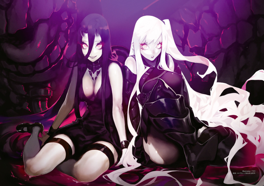 2girls abyssal aircraft_carrier_princess akira_(kadokawa) battleship_princess between black colored dress eyes footwear glowing hair highres horns janes kantai_collection long mary multiple_girls oni pale_skin ship shoes sitting skin smile very watercraft white