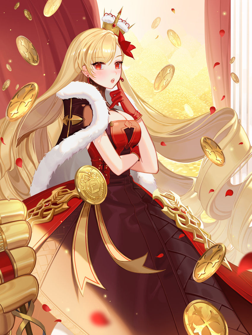 1girl absurdly_long_hair bangs blonde_hair blush breasts cleavage cleavage_cutout clothing_cutout coin commentary crown curtains dress earrings eyebrows_visible_through_hair finger_to_own_chin flower fur_trim gem gloves gold_trim hair_flower hair_ornament highres jewelry large_breasts long_hair looking_at_viewer masterwork_apocalypse orange_sekaii parted_lips petals red_dress red_eyes red_flower red_gloves royal_robe sleeveless sleeveless_dress solo standing swept_bangs teeth turtleneck_dress upper_teeth very_long_hair victoria_(masterwork_apocalypse)
