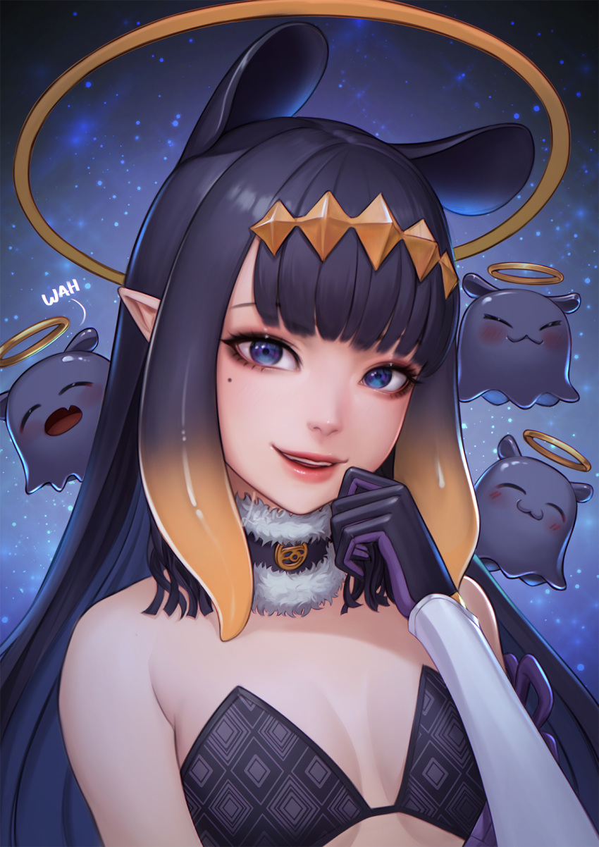 1girl ava_(ava31) bangs bare_shoulders black_gloves black_hair breasts cleavage eyebrows_behind_hair fur_choker gloves hair_behind_ear halo head_tilt highres hololive hololive_english looking_at_viewer mole mole_under_eye ninomae_ina'nis parted_lips pointy_ears portrait purple_eyes small_breasts smile tako_(ninomae_ina'nis) virtual_youtuber
