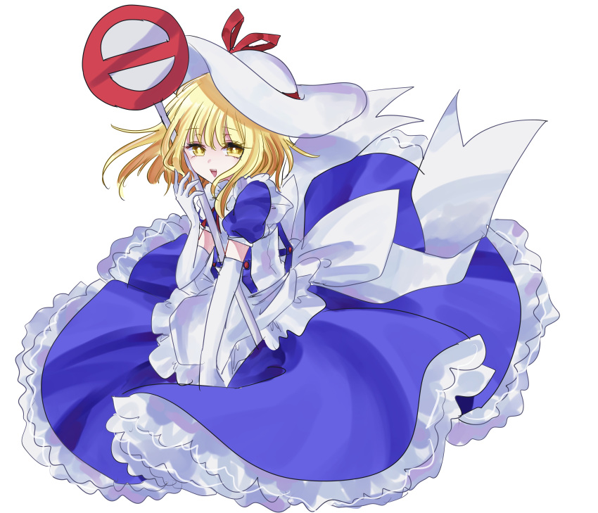 1girl absurdres apron back_bow blonde_hair blue_dress bow commentary_request dress frilled_apron frilled_dress frills fuwafurin hat highres kana_anaberal open_mouth puffy_short_sleeves puffy_sleeves red_ribbon ribbon short_sleeves simple_background sun_hat touhou touhou_(pc-98) waist_apron white_apron white_background white_bow white_headwear yellow_eyes