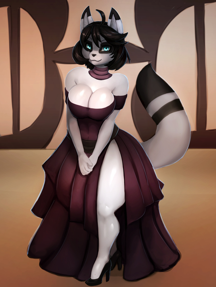 3:4 anthro big_breasts black_hair black_high_heels black_nose breasts canid cleavage clothed clothing dipstick_ears dipstick_tail female general-irrelevant grey_body hair hi_res looking_at_viewer mammal markings multicolored_ears smile solo tail_markings thick_thighs