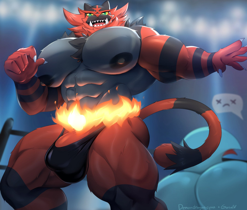 2021 abs after_fight ambiguous_gender anthro barazoku big_bulge big_muscles big_nipples big_pecs blurred_background bulge butt claws clothed clothing collaboration demondragoncyan dialogue_box duo erection erection_under_clothing faceless_character feraligatr fighting_ring fire fur gasaiv genitals hi_res huge_muscles incineroar looking_at_viewer low-angle_view lying male muscular muscular_anthro muscular_male nintendo nipples obliques on_front open_mouth open_smile pecs penis pictographics pok&eacute;mon pok&eacute;mon_(species) signature smile solo_focus spotlight standing teeth thick_thighs thong tongue tuft unconscious underwear video_games