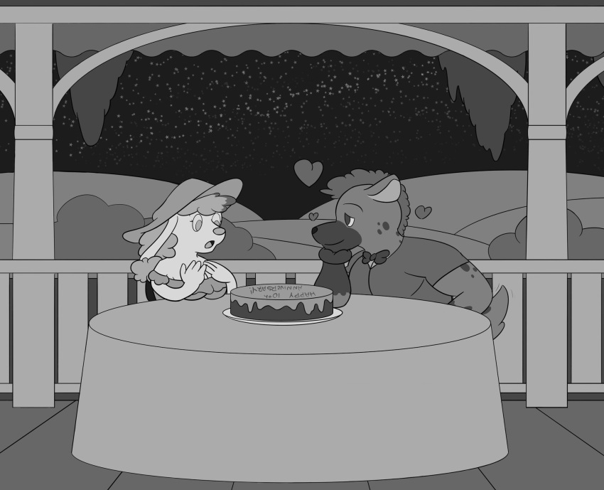 &lt;3 anniversary anthro background_sky black_and_white border bow_tie breasts cake candy canid canine canis chocolate cleavage clothed clothing dessert domestic_dog duo female food fur fur_markings furniture hat headgear headwear heart_reaction hi_res highlights_(coloring) hill hyaenid hybrid long_ears male male/female mammal manna-mint markings monochrome mr.hakkai outside_border plant poodle railing relationship shrub sin_atlas sky star starry_sky surprised_expression table text toony ursid