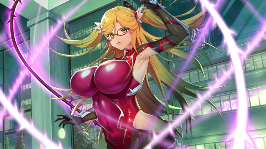 action_taimanin arm_up armpits blonde_hair breasts building covered_navel elbow_gloves fishnet_gloves fishnets game_cg glasses gloves glowing glowing_weapon green_eyes groin highres huge_breasts impossible_clothes impossible_leotard kosaka_shizuru leotard long_hair looking_at_viewer office serious taimanin_(series) taimanin_suit thorns tree twintails weapon whip wide_hips