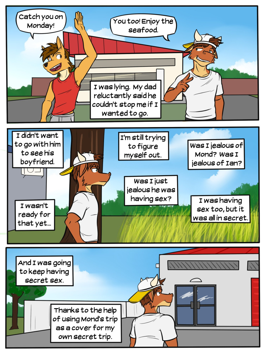 anthro backwards_baseball_cap backwards_hat baseball_cap bovid bovine canid canine canis cattle clothed clothing comic coyote dialogue duo english_text fully_clothed fuze hat headgear headwear hi_res male mammal mond_reyes outside shirt t-shirt tank_top texnatsu text topwear ty_conrad