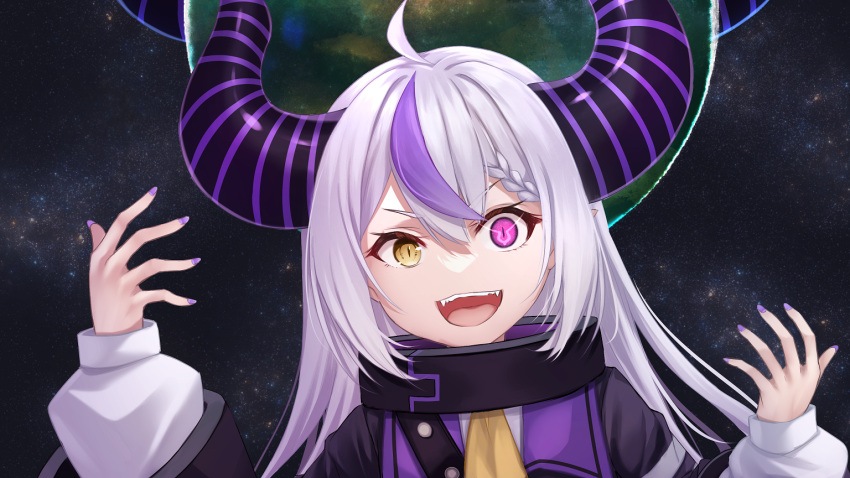 1girl :d ahoge ascot bangs collar commentary_request demon_horns eyebrows_visible_through_hair geass hair_between_eyes hands_up heterochromia hololive horns la+_darknesss long_hair long_sleeves looking_at_viewer merxkialis metal_collar multicolored_hair nail_polish puffy_long_sleeves puffy_sleeves purple_eyes purple_hair purple_nails silver_hair smile solo space streaked_hair v-shaped_eyebrows virtual_youtuber yellow_ascot yellow_eyes