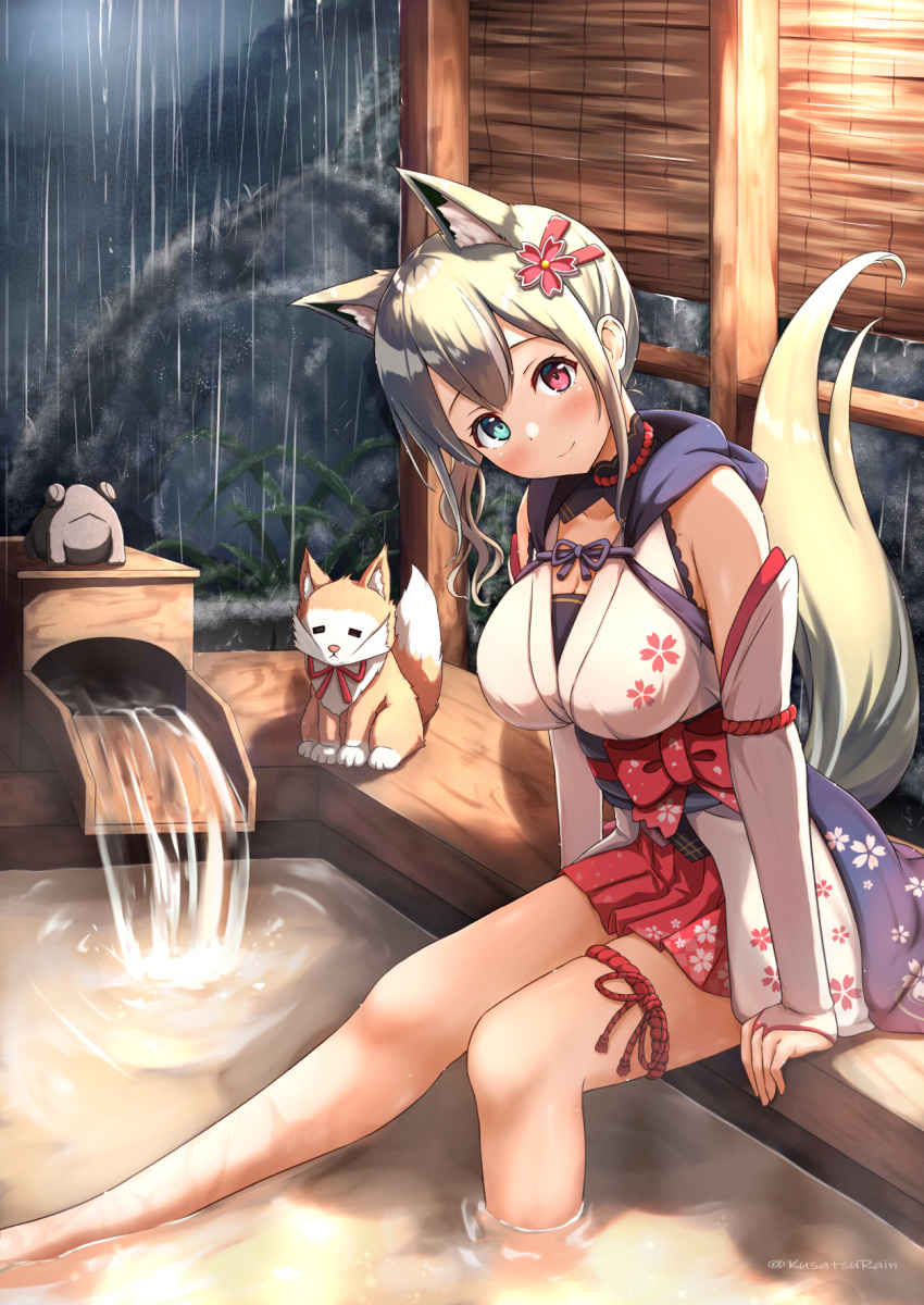 amano_kusatsu animal animal_ear_fluff animal_ears arm_support ashiyu bangs bare_shoulders blue_eyes blush breasts bridal_gauntlets brown_hair cleavage closed_mouth commentary_request dog eyebrows_visible_through_hair fox_ears fox_girl fox_tail heterochromia highres hood hood_down japanese_clothes kimono looking_at_viewer medium_breasts obi original pleated_skirt rain red_eyes red_skirt sash skirt smile soaking_feet tail twitter_username water white_kimono